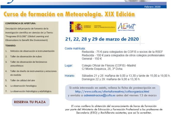 XIX edición del Curso de Formación del Profesorado en el Área de la Meteorología