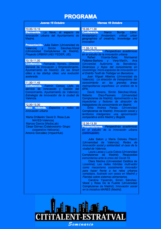 Programa seminario Cititalent - Estrategias, espacios y redes para la innovación urbana