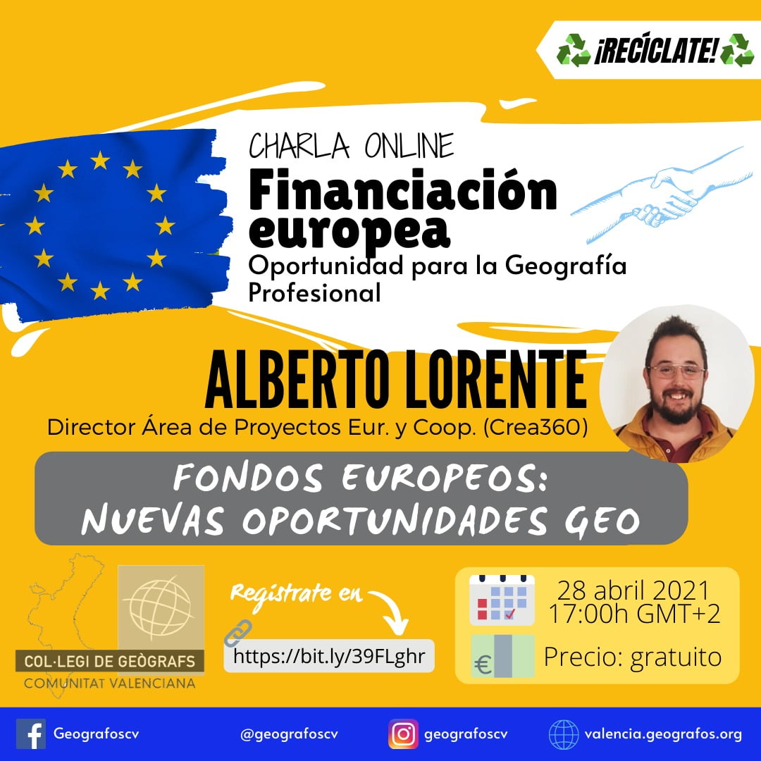 Financiación europea - Oportunidad para la Geografía Profesional webinar gratuito a cargo de Alberto Lorente